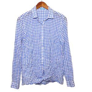 J.McLaughlin Preppy Coastal Summer Picnic Gingham Crinkle Blue Twist Top XS